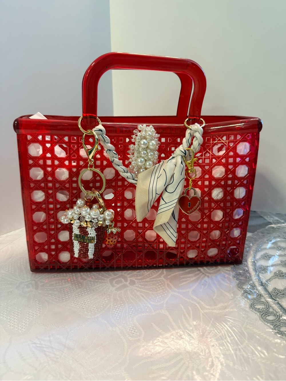 Red Mini Lattice  Jelly Tote, zebra cosmetic bag & dust bag